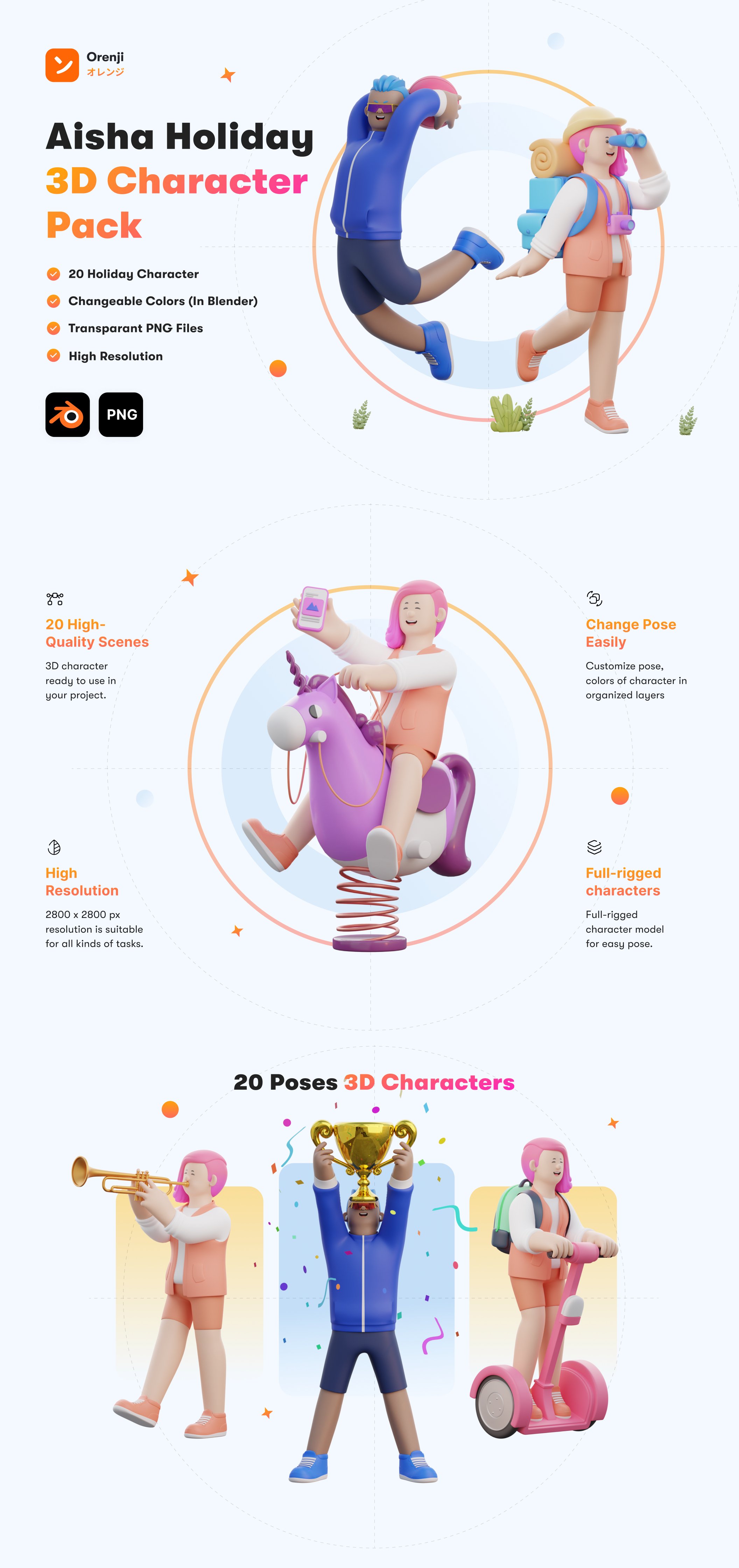 高质量三维渲染卡通度假游玩娱乐3D人物角色素材 Aisha – Holiday 3D Character Pack 图标素材 sucaiwan.com