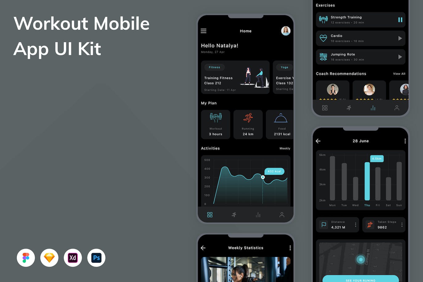 锻炼训练App应用程序UI工具包素材 Workout Mobile App UI Kit APP UI sucaiwan.com