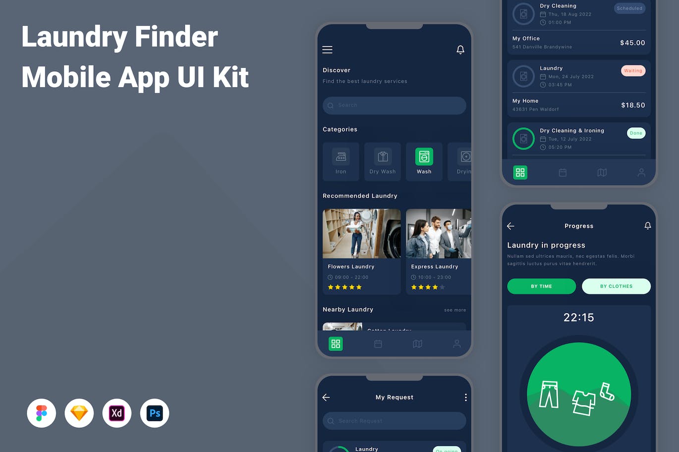 洗衣店搜索App应用程序UI工具包素材 Laundry Finder Mobile App UI Kit APP UI sucaiwan.com