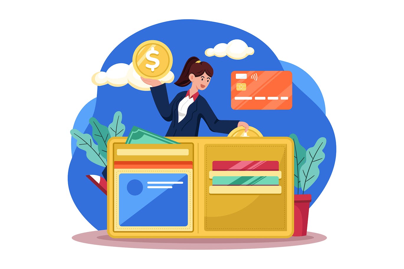 金融钱包概念场景插画 Woman Puts Money In Her Purse 图片素材 sucaiwan.com