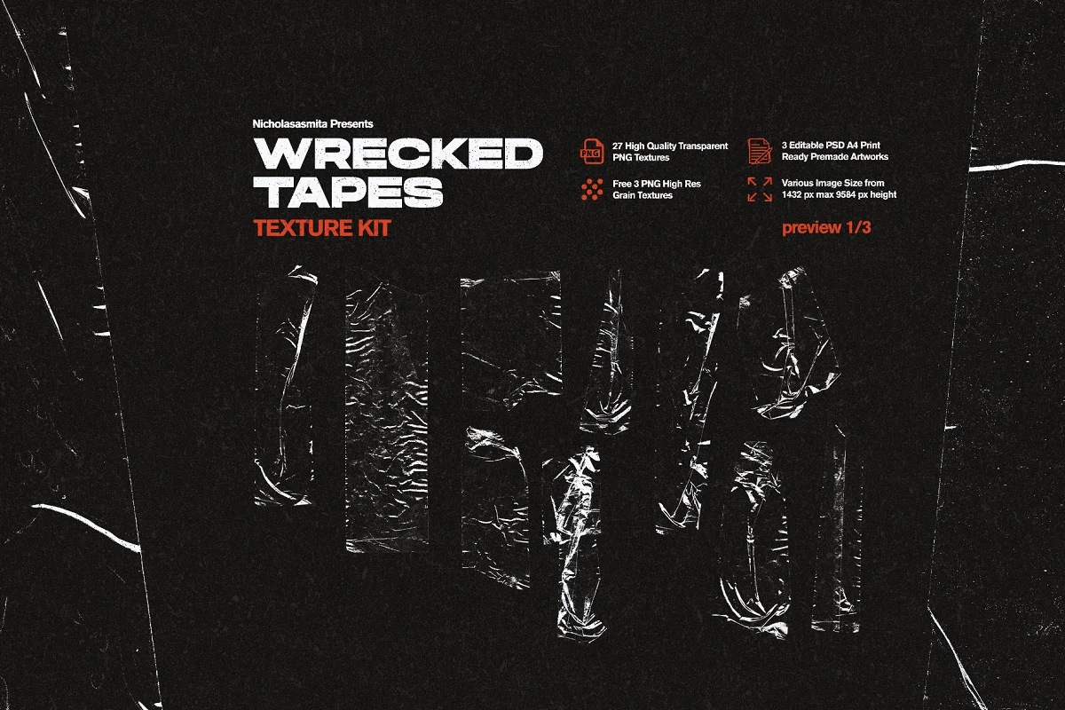 高质量复古做旧艺术纸张折痕压痕破损废旧胶带纹理素材合辑 Wrecked Tapes Texture Kit 图片素材 sucaiwan.com