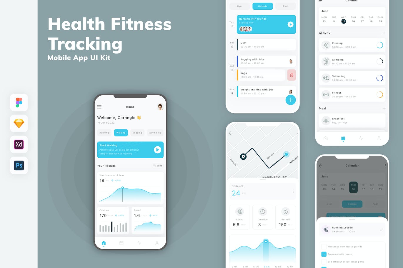 健康健身追踪App移动应用设计UI工具包 Health Fitness Tracking Mobile App UI Kit APP UI sucaiwan.com