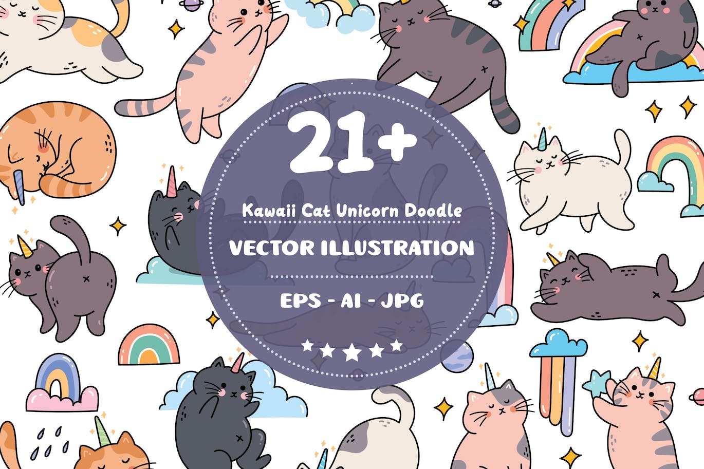 卡哇伊猫咪独角兽涂鸦插画 Kawaii Cat Unicorn Doodle 图片素材 sucaiwan.com