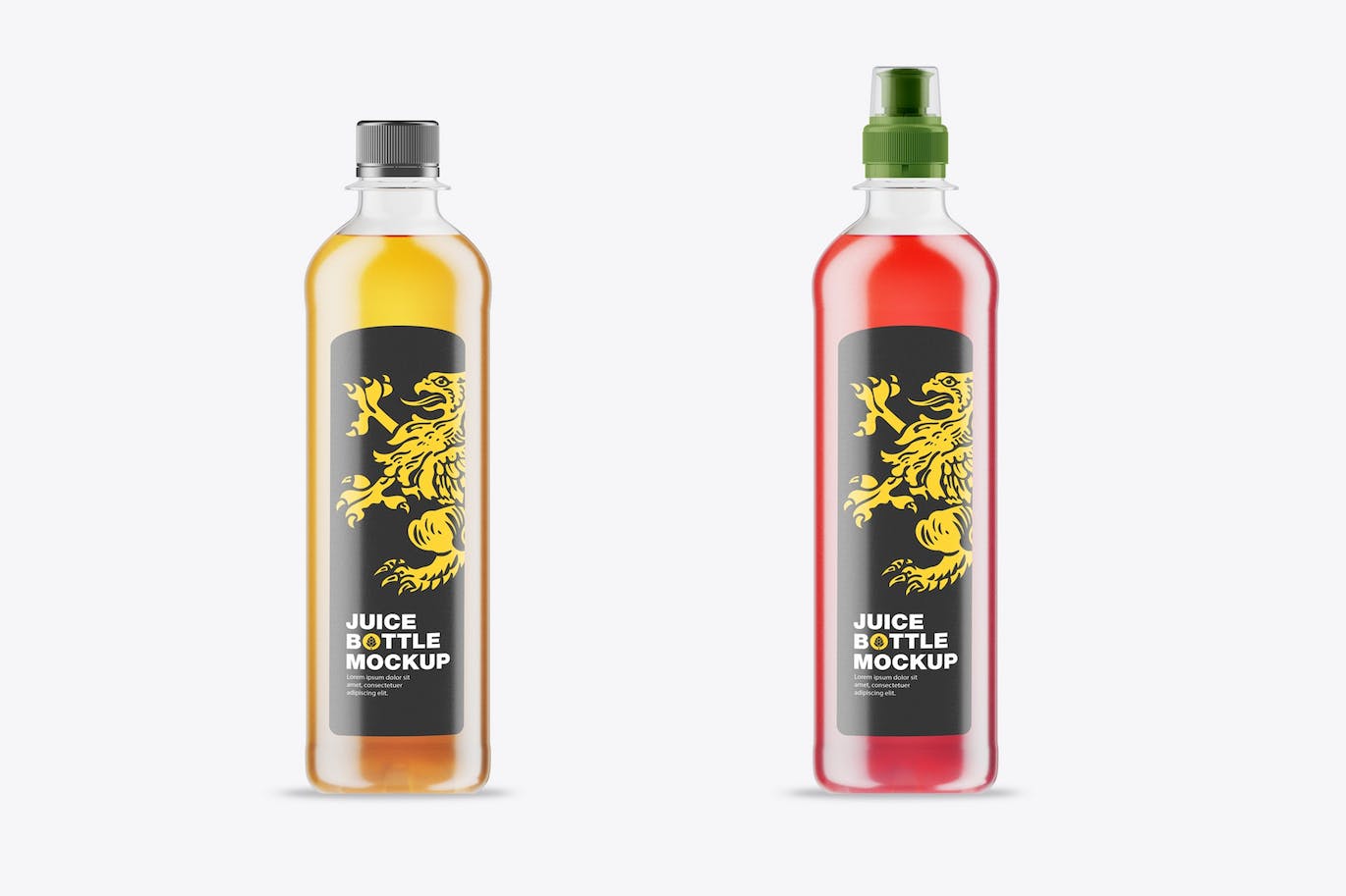 不同瓶盖的塑料果汁瓶设计样机模板 Plastic Juice Bottle with Different Caps Mockup 样机素材 sucaiwan.com