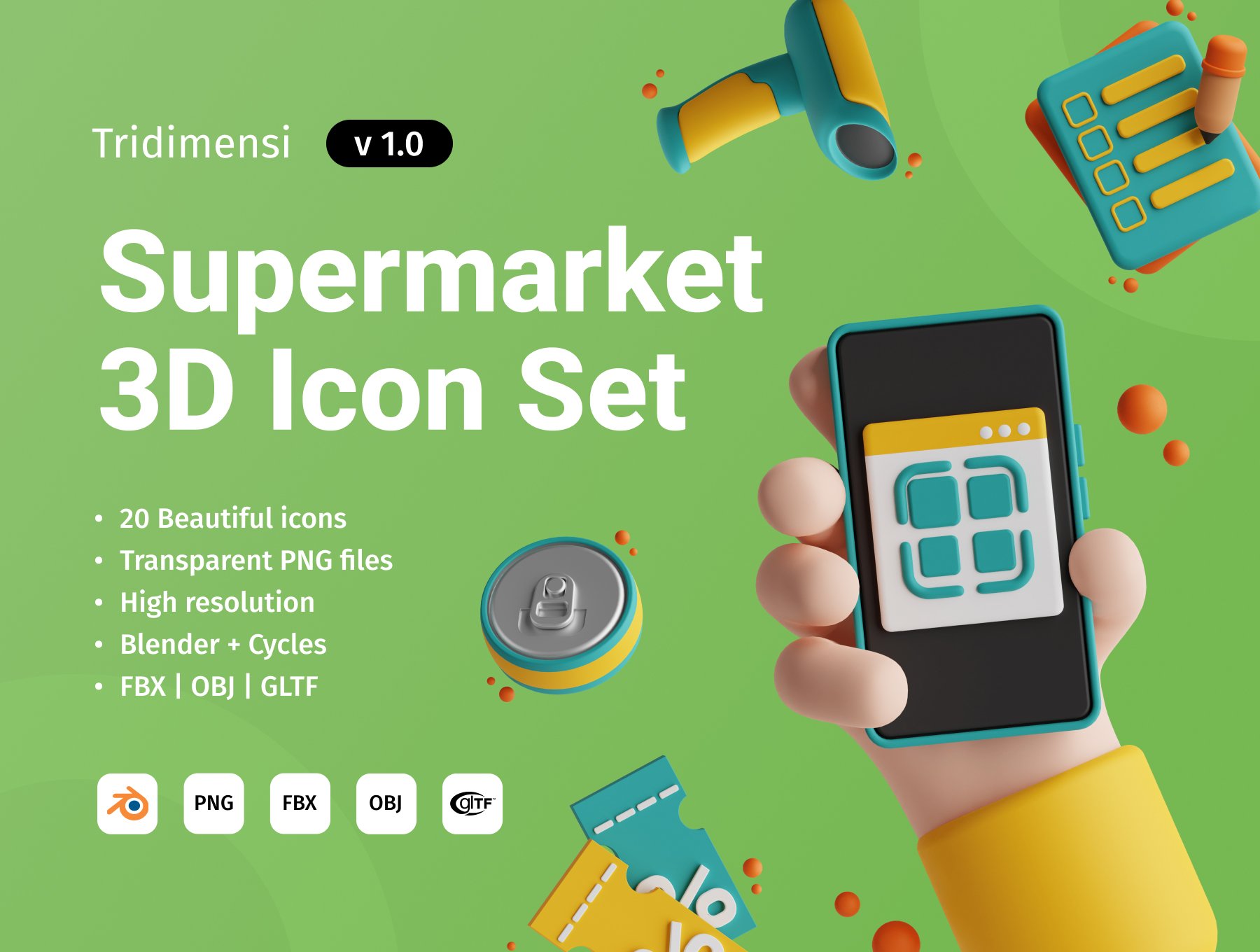 高质量三维渲染超市商场收银主题插画图标素材合辑 3D Supermarket 图标素材 sucaiwan.com