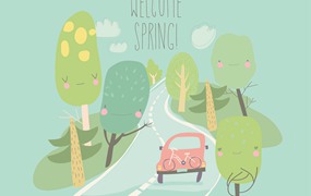 汽车旅行春季森林插画 Car is driving on the road through spring forest.