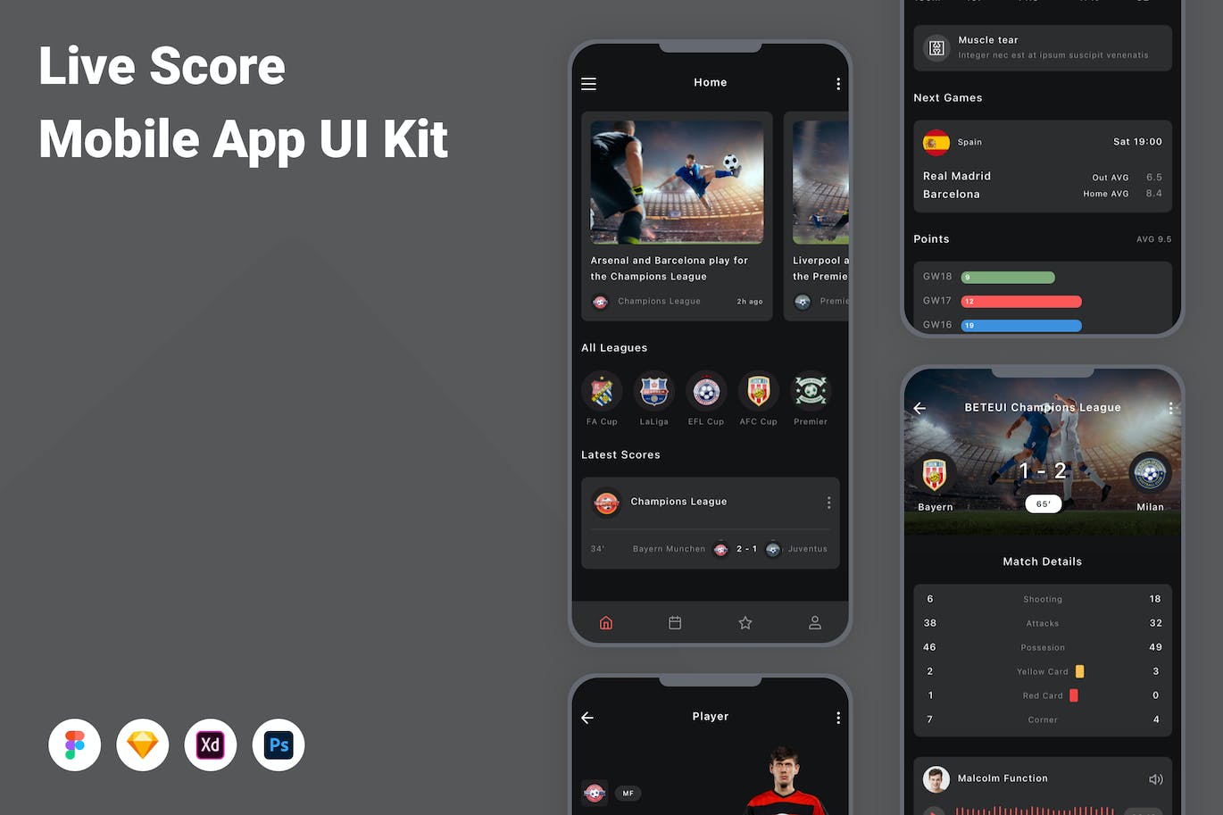 实时比分App应用程序UI工具包素材 Live Score Mobile App UI Kit APP UI sucaiwan.com