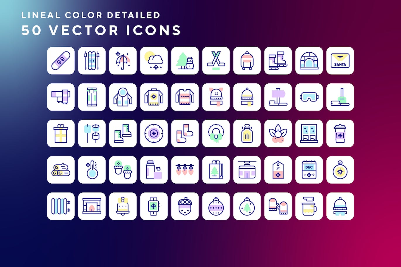 50枚冬天主题彩色线条矢量图标 Winter icons 图标素材 sucaiwan.com