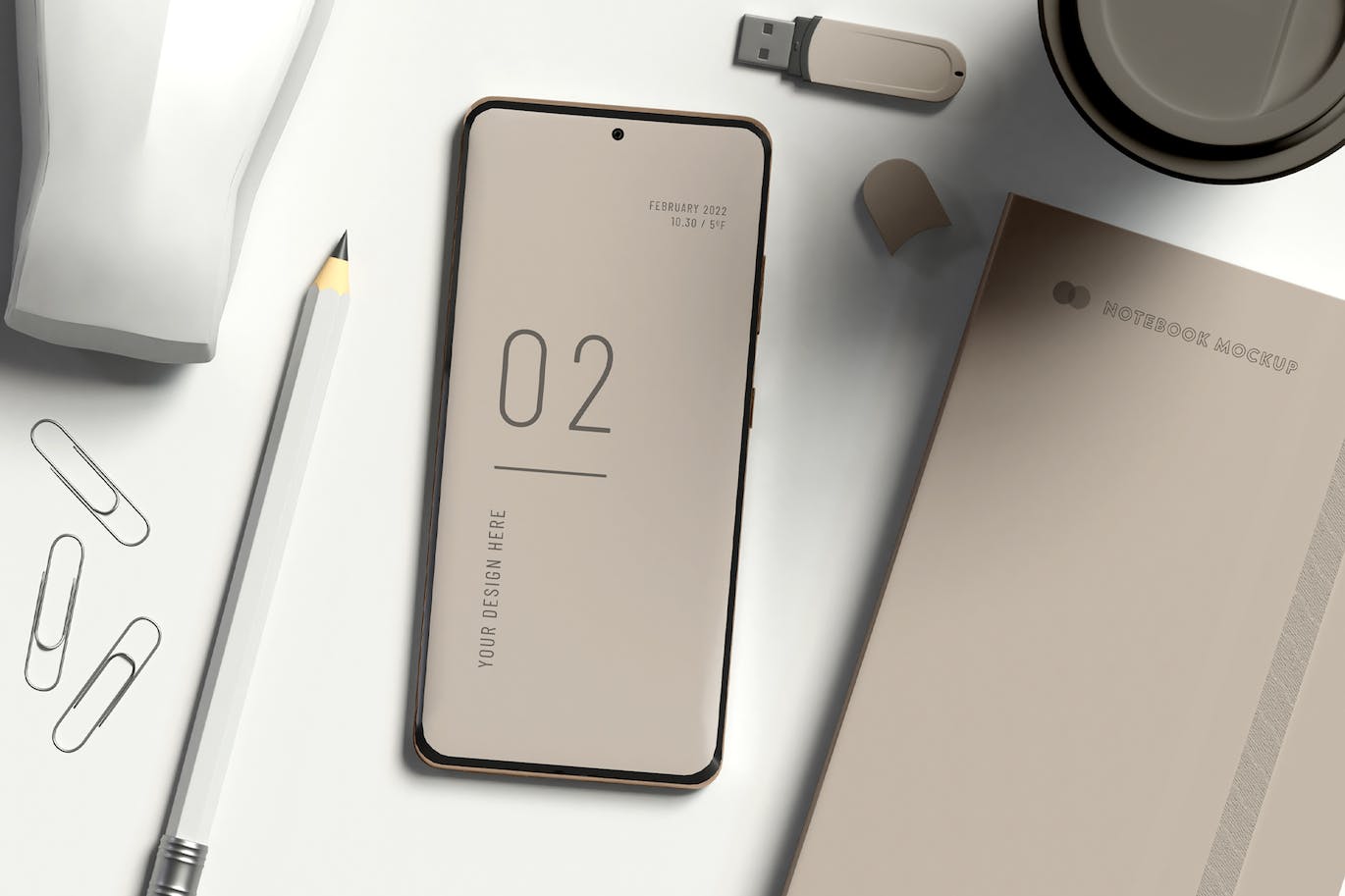 带有办公用品的安卓智能手机屏幕样机 Smartphone with office items mockup 样机素材 sucaiwan.com