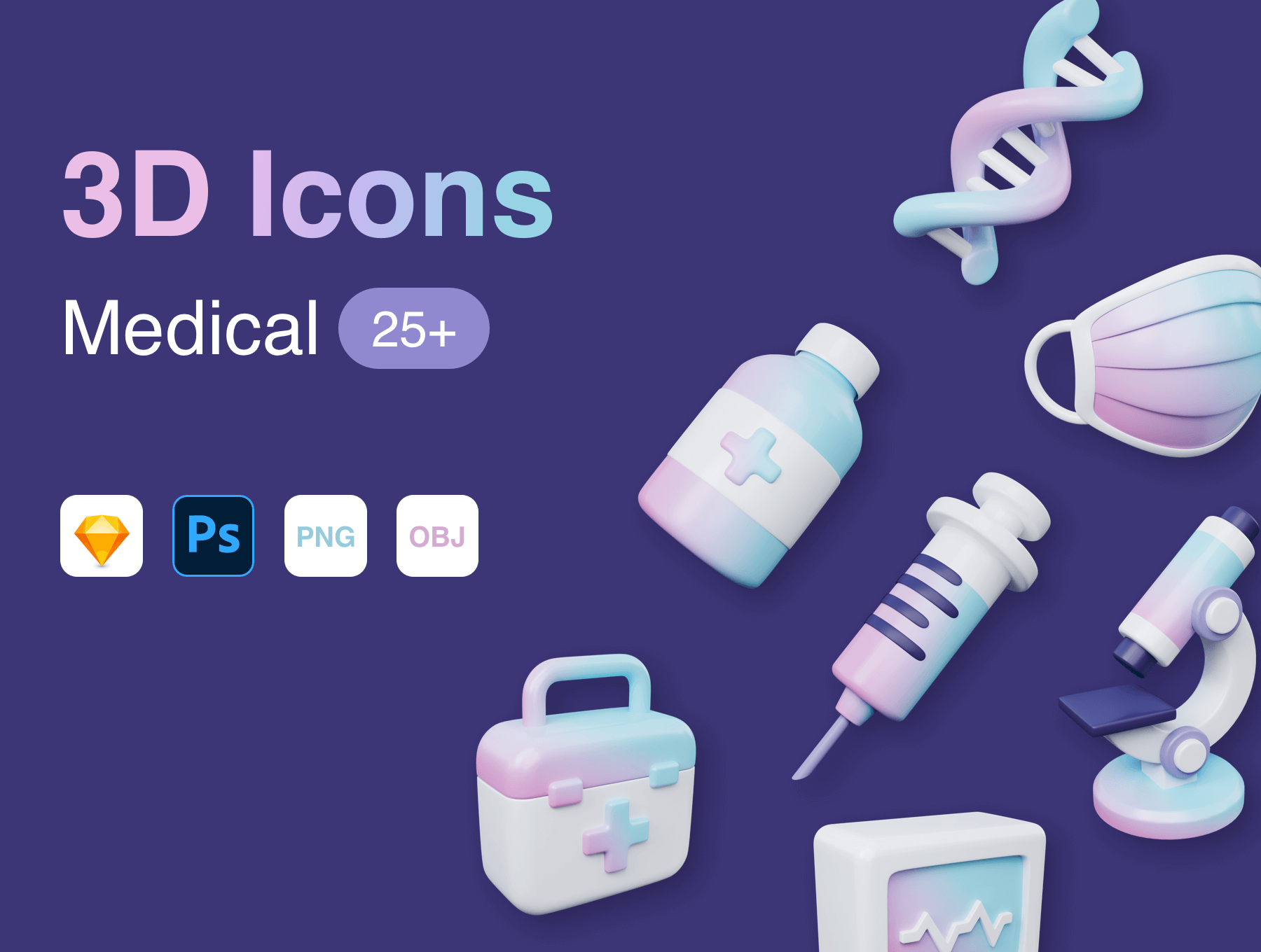 25+独特完全分层医疗图标白色彩色元素 OBJ，PSD，sketch，PNG 3D Medical Icons 图标素材 sucaiwan.com