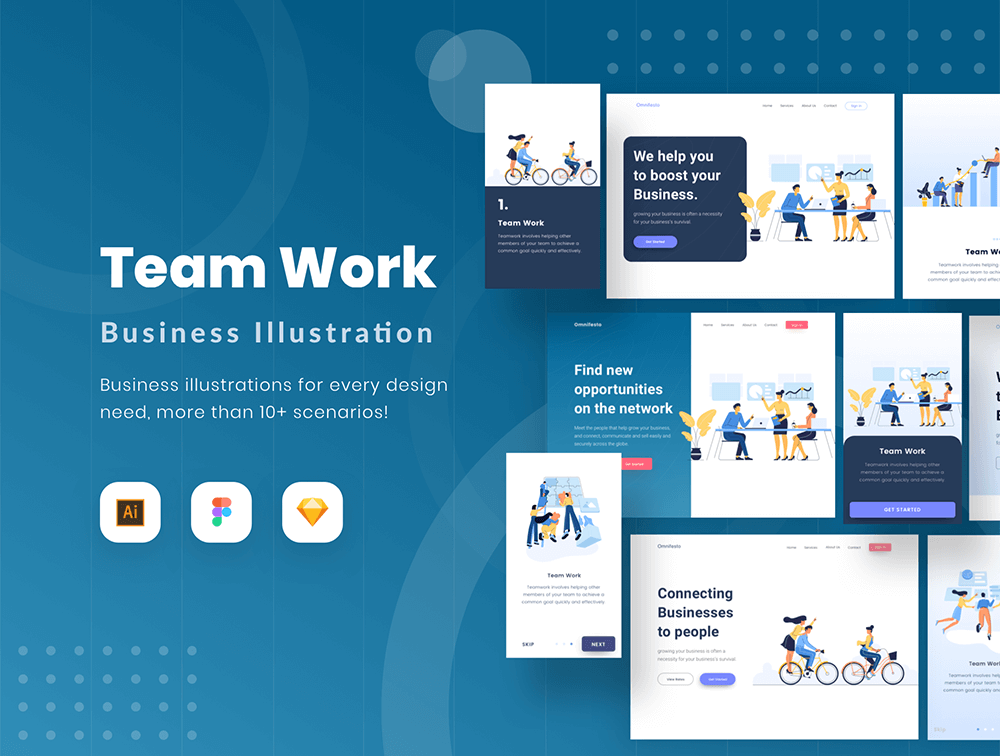 初创网站团队合作彩色插画 APP UI sucaiwan.com