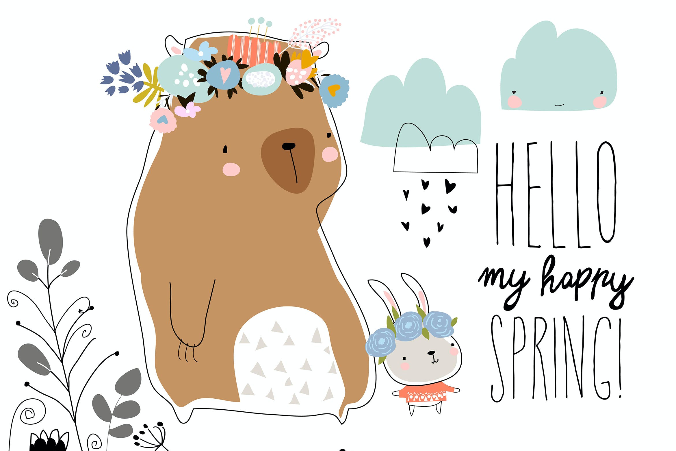 可爱的熊和小兔子春天矢量插画 Cute bear with little bunny staying in spring plan 图片素材 sucaiwan.com