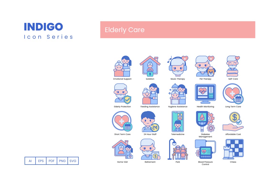 80个靛蓝系列老年护理图标 80 Elderly Care Icons – Indigo Series 图标素材 sucaiwan.com