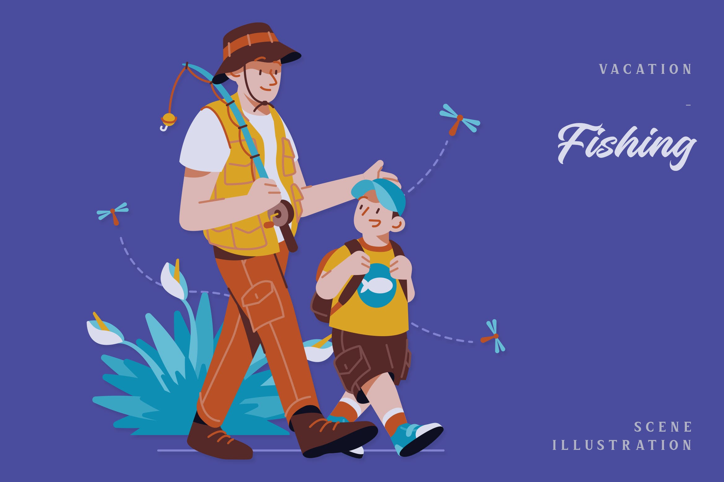 假期钓鱼场景插画矢量素材 Vacation – Fishing Scene Illustration 图片素材 sucaiwan.com