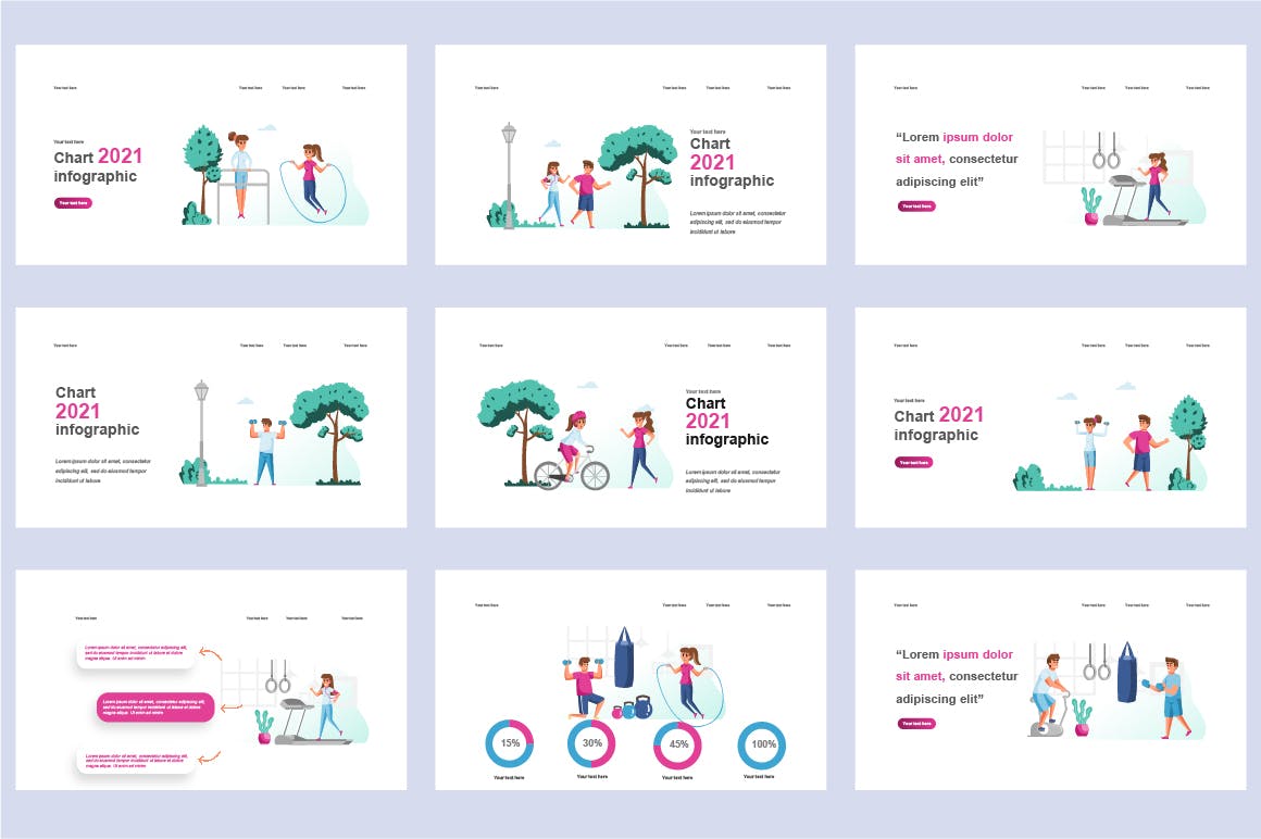 健身运动扁平插画数据可视化PPT动画幻灯片模板 Fitness Flat Illustration Powerpoint Template 幻灯图表 sucaiwan.com