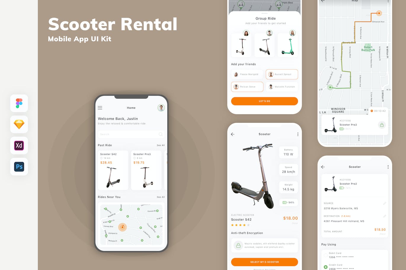 滑板车租赁App移动应用设计UI工具包 Scooter Rental Mobile App UI Kit APP UI sucaiwan.com
