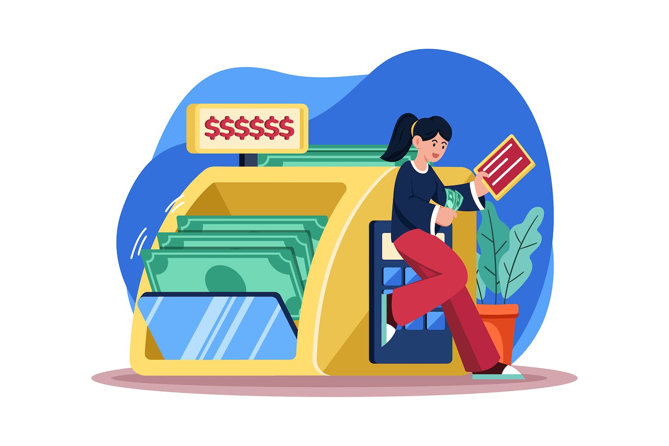 资产统计概念场景插画 Woman Counts The Money She Earns 图片素材 sucaiwan.com