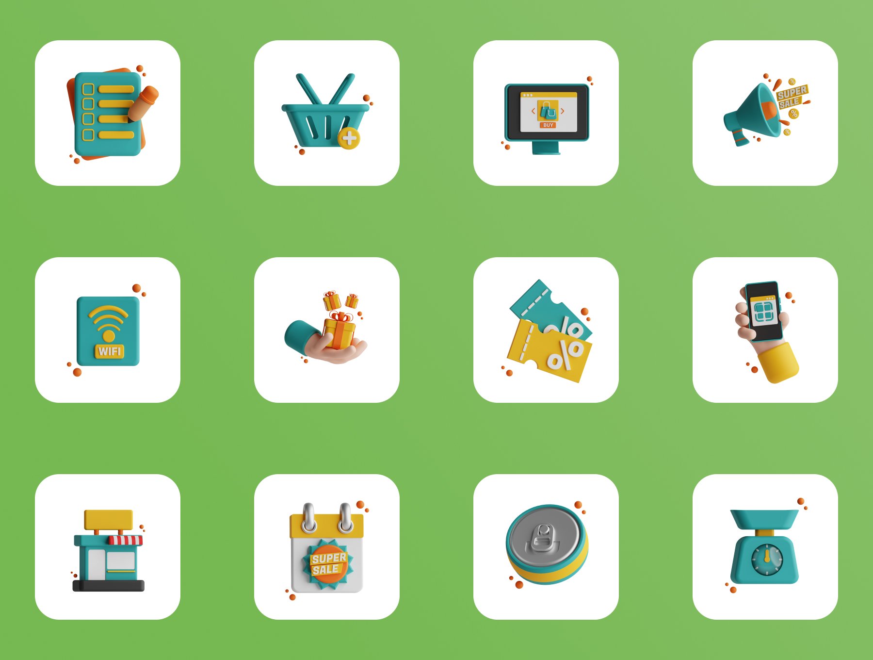 高质量三维渲染超市商场收银主题插画图标素材合辑 3D Supermarket 图标素材 sucaiwan.com