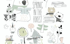 可爱动物春天元素矢量插画 Set of cute animals with spring elements. Hello sp
