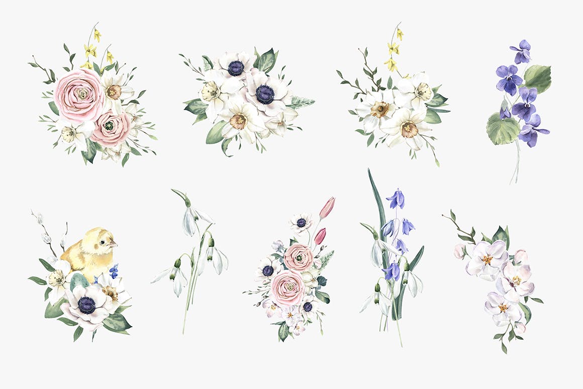 盛开的春季水彩花束手绘插画 Blooming Spring Watercolor Bouquets 图片素材 sucaiwan.com