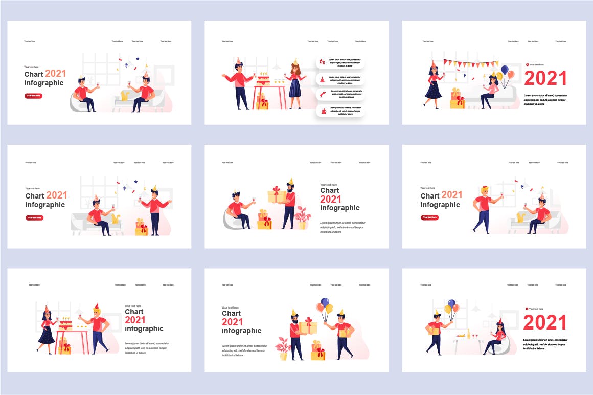 派对扁平插画数据可视化PPT动画幻灯片模板 Party Flat Illustration Powerpoint Template 幻灯图表 sucaiwan.com