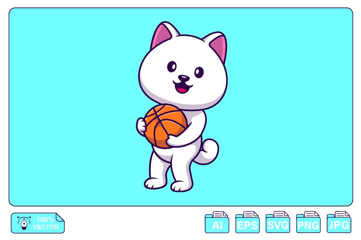 可爱卡通篮球斯皮茨狗动物插画 Cute Spitz Dog Holding Basket Ball Cartoon 图片素材 sucaiwan.com