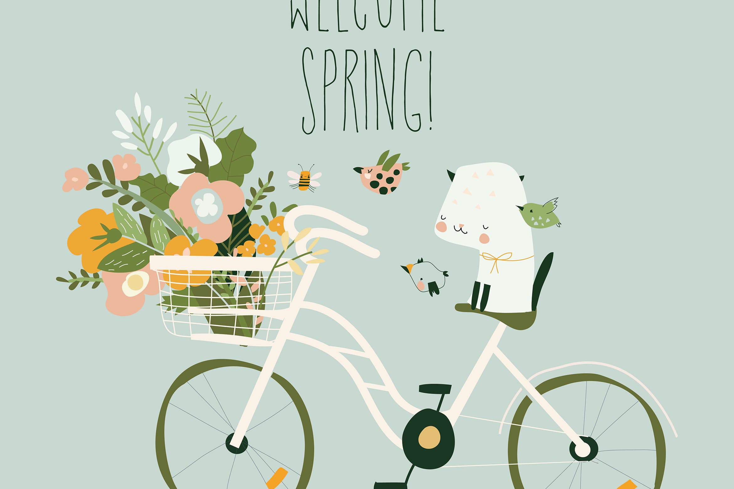 卡通自行车可爱猫咪春天概念插画 Cute cartoon cat sitting on bike with spring 图片素材 sucaiwan.com