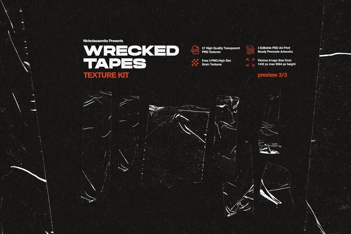 高质量复古做旧艺术纸张折痕压痕破损废旧胶带纹理素材合辑 Wrecked Tapes Texture Kit 图片素材 sucaiwan.com
