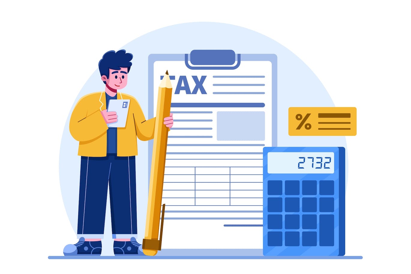 税务工作场景矢量插画 People Filling Tax Forms And Calculates Taxes 图片素材 sucaiwan.com