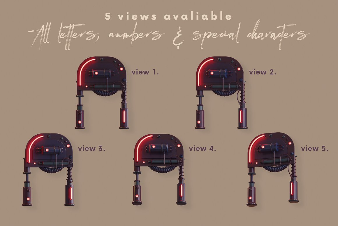 潮流未来科幻游戏3D机械霓虹灯特效字母PNG设计素材 Future Machine – 3D Lettering 图片素材 sucaiwan.com