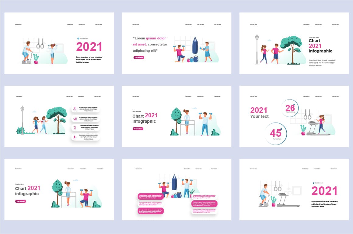 健身运动扁平插画数据可视化PPT动画幻灯片模板 Fitness Flat Illustration Powerpoint Template 幻灯图表 sucaiwan.com