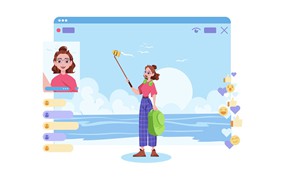 海边直播场景人物插画 Woman With A Mobile Phone Streaming Online