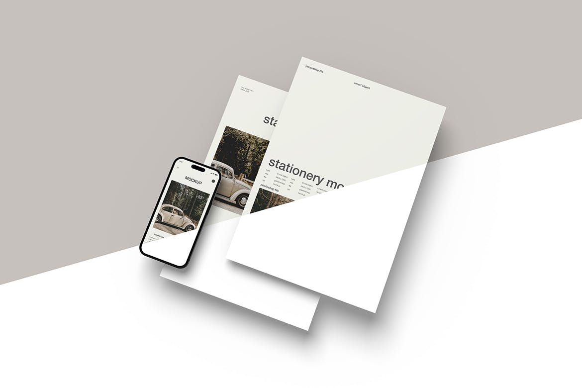 阴影悬浮手机&文件纸品牌文具样机模板 Stationery Mockups 样机素材 sucaiwan.com