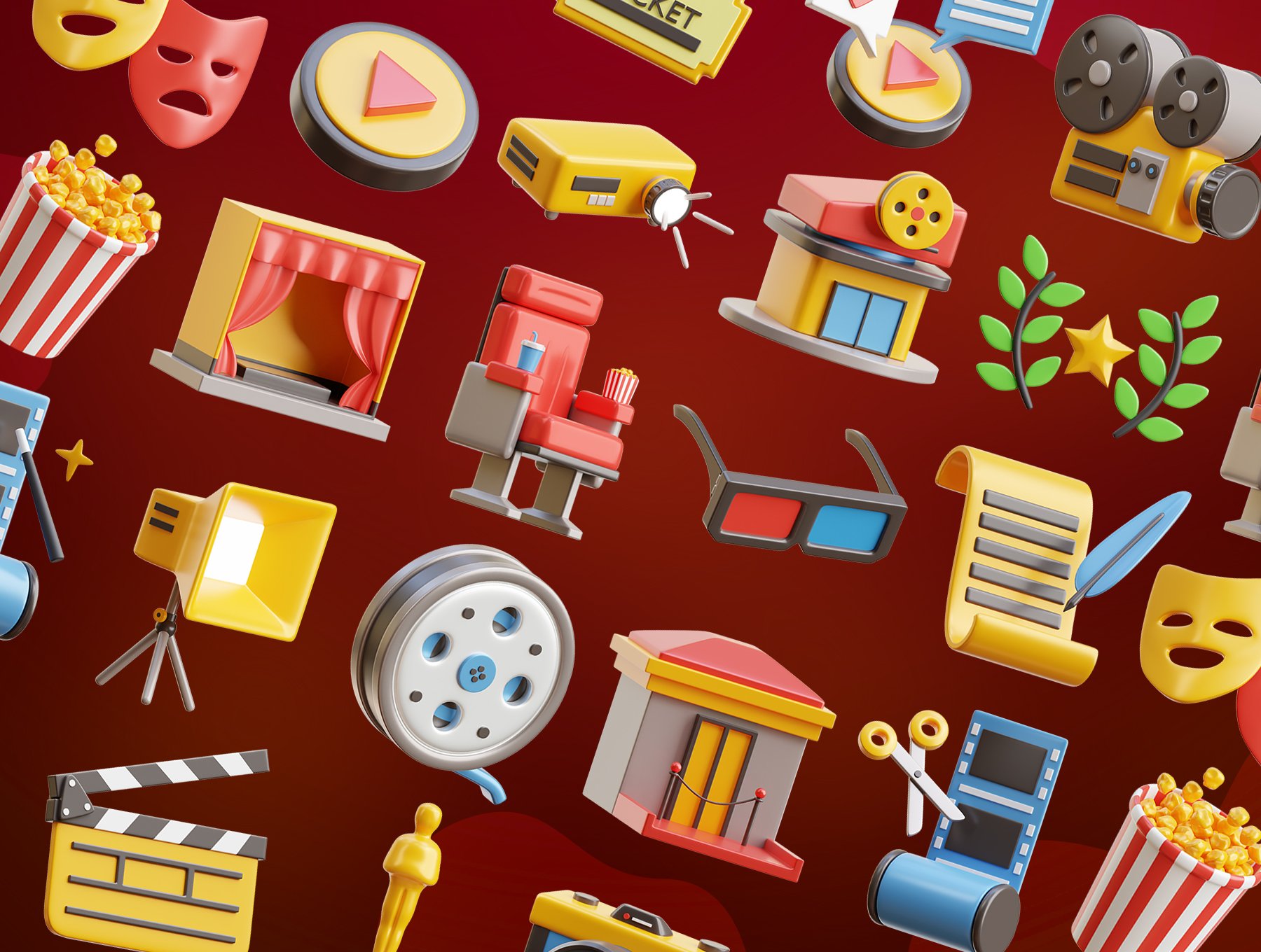 高质量三维渲染影音播放电影院主题3D插画图标素材合辑 Cinema 3D Icons 图标素材 sucaiwan.com