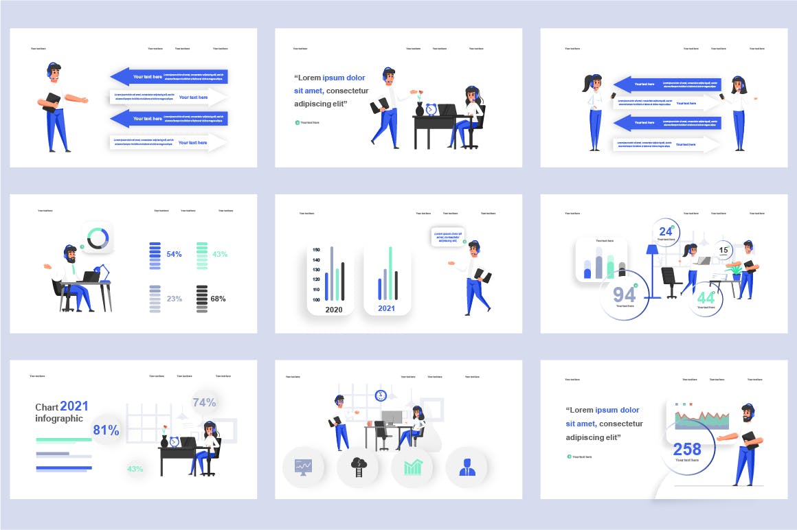 业务管理扁平插画数据可视化PPT动画幻灯片模板 Management Flat Illustration Powerpoint Template 幻灯图表 sucaiwan.com