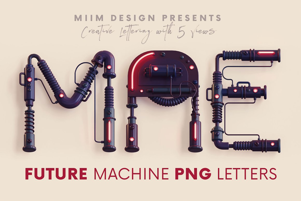 潮流未来科幻游戏3D机械霓虹灯特效字母PNG设计素材 Future Machine – 3D Lettering 图片素材 sucaiwan.com