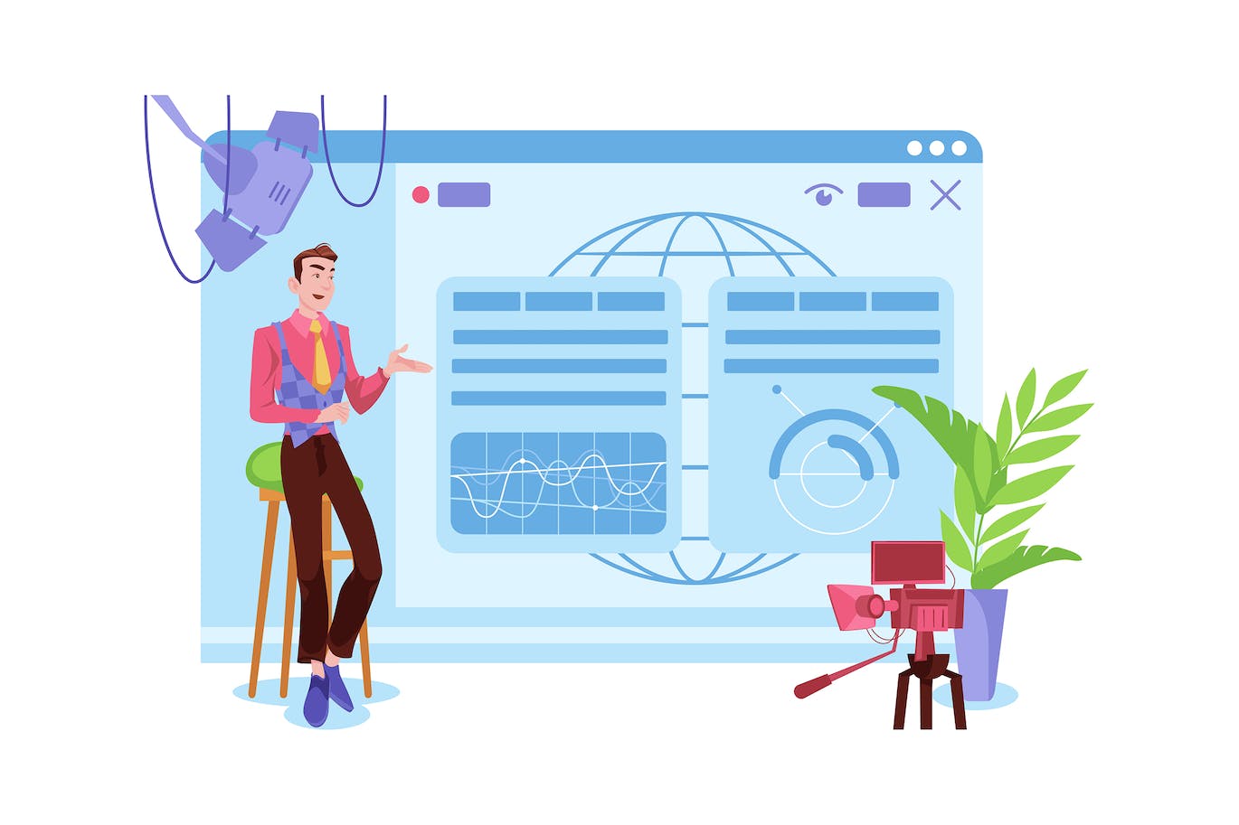 商人演示文稿直播场景插画 Businessman Presentation Live Streaming APP UI sucaiwan.com