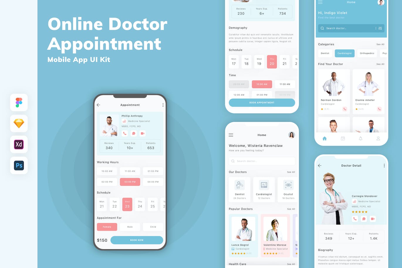 网上医生预约App移动应用设计UI工具包 Online Doctor Appointment Mobile App UI Kit APP UI sucaiwan.com