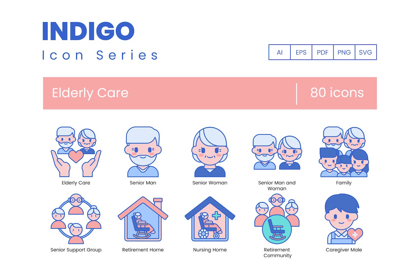 80个靛蓝系列老年护理图标 80 Elderly Care Icons – Indigo Series 图标素材 sucaiwan.com