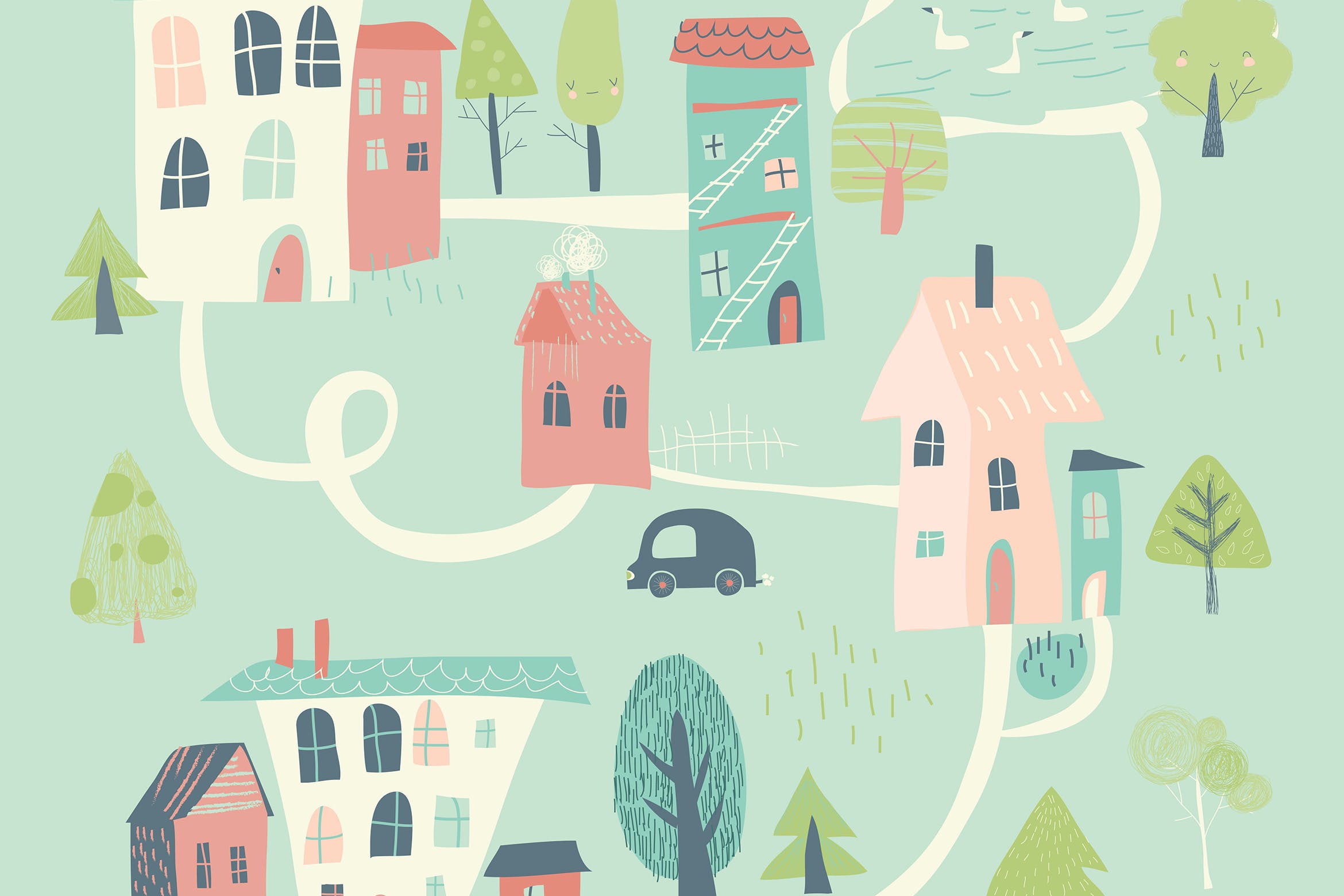 卡通风格可爱小城春天插画 Cute little town in cartoon style. Hello spring. 图片素材 sucaiwan.com