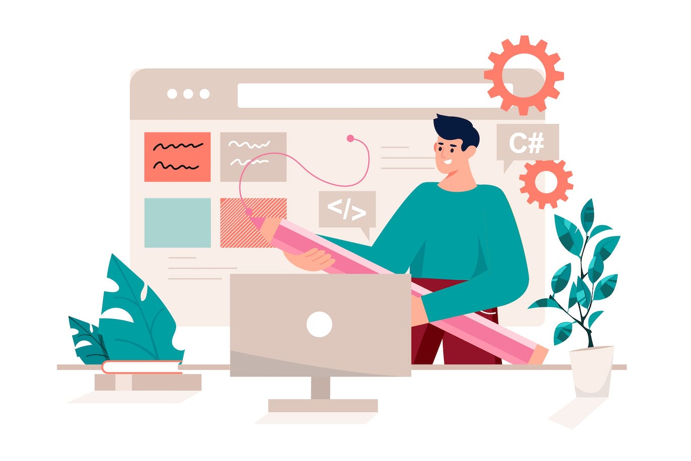 UI UX编程概念人物场景卡通插画 UI UX Programming Pink Concept with People Scene 图片素材 sucaiwan.com