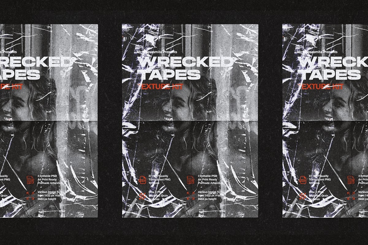 高质量复古做旧艺术纸张折痕压痕破损废旧胶带纹理素材合辑 Wrecked Tapes Texture Kit 图片素材 sucaiwan.com