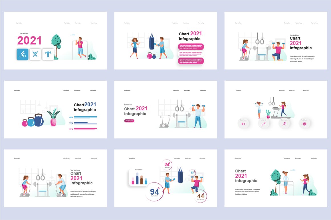 健身运动扁平插画数据可视化PPT动画幻灯片模板 Fitness Flat Illustration Powerpoint Template 幻灯图表 sucaiwan.com