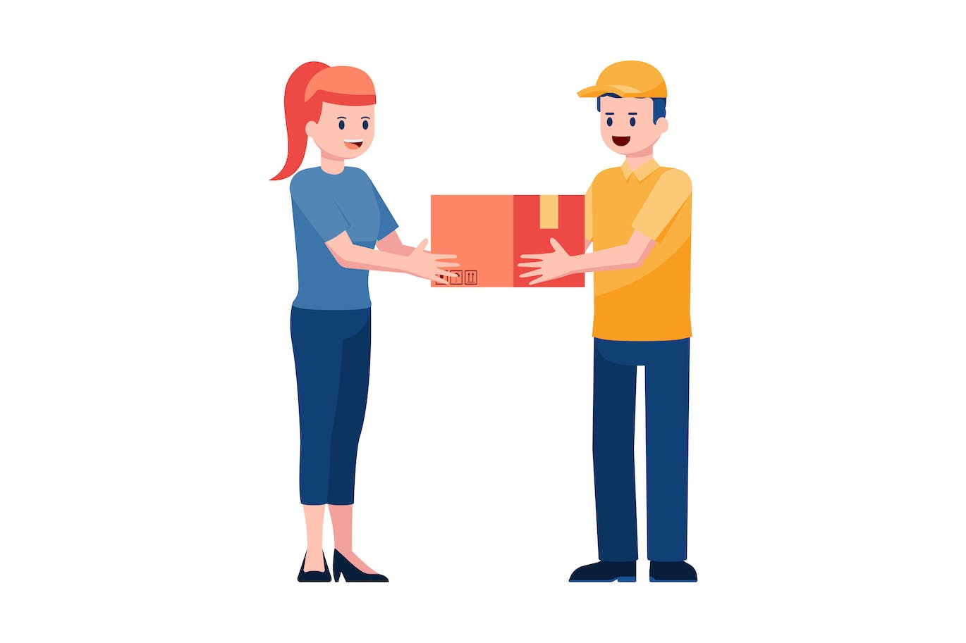 包裹配送主题矢量插画 Delivery man handing a parcel to woman customer 图片素材 sucaiwan.com