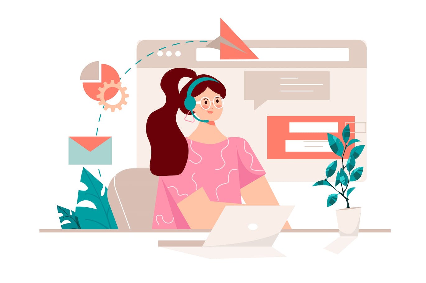 客服帮助概念人物场景卡通插画 Support Pink Concept with People Scene 图片素材 sucaiwan.com