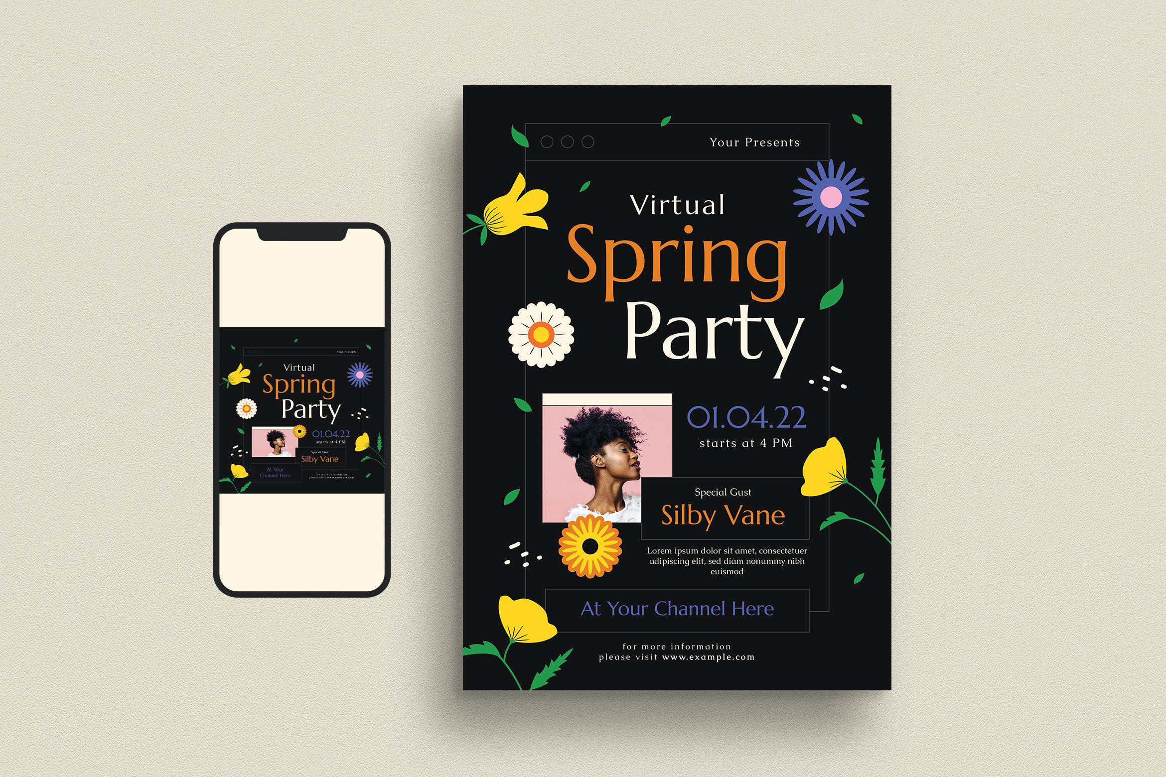春季派对活动宣传单模板 Virtual Spring Party Event Flyer Set 设计素材 sucaiwan.com