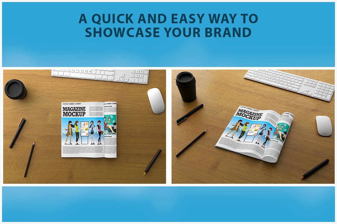 办公桌杂志新闻报纸效果图样机模板 Open Magazine on Wooden Table Mockup 样机素材 sucaiwan.com