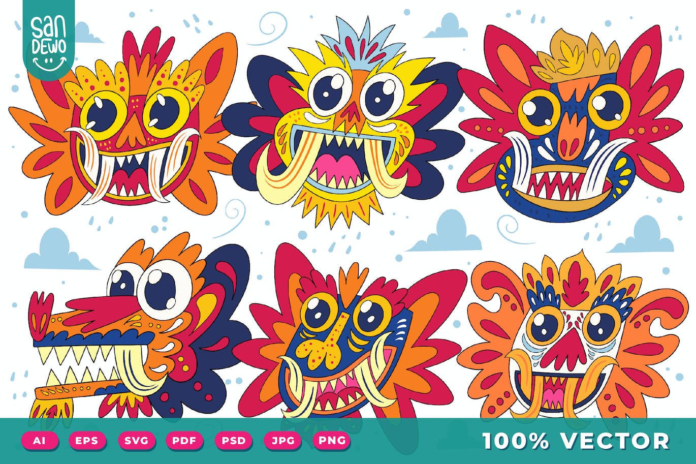 可爱的怪物头像卡通插画矢量设计 Vector Cute Monster Illustration Design 图片素材 sucaiwan.com