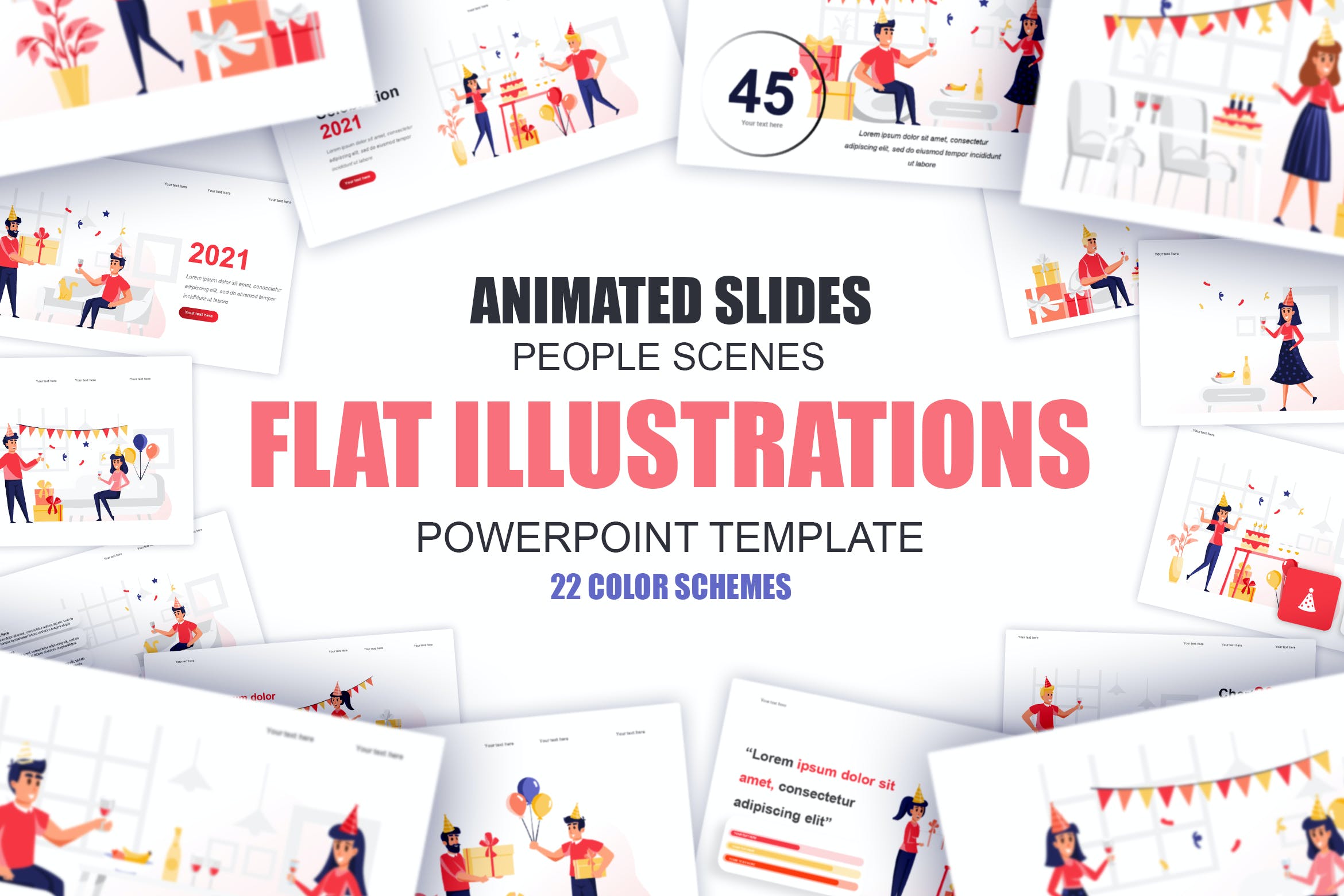 派对扁平插画数据可视化PPT动画幻灯片模板 Party Flat Illustration Powerpoint Template 幻灯图表 sucaiwan.com