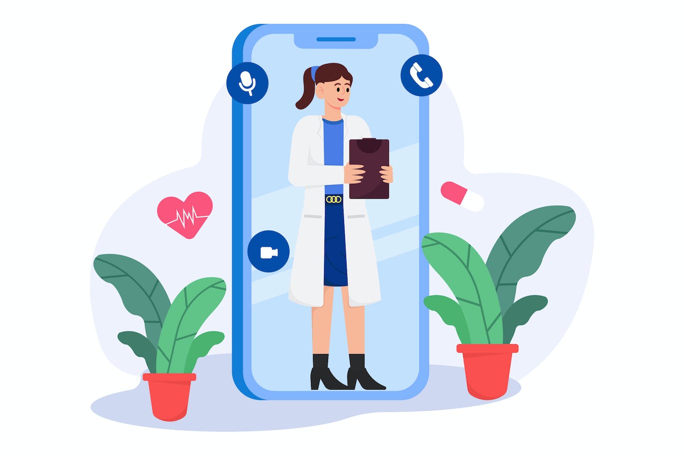 医生视频通话会诊场景插画 Doctor Consultation Via Video Call Illustration 图片素材 sucaiwan.com